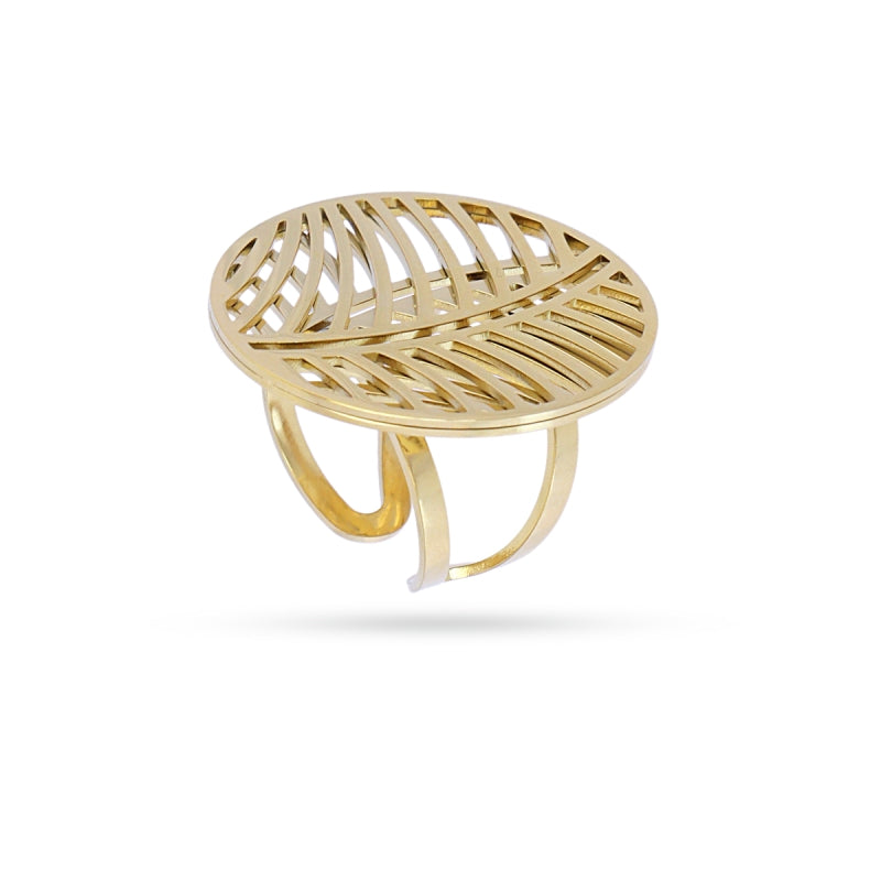 Anillo de acero circular con diseño de tiras en acabado oro