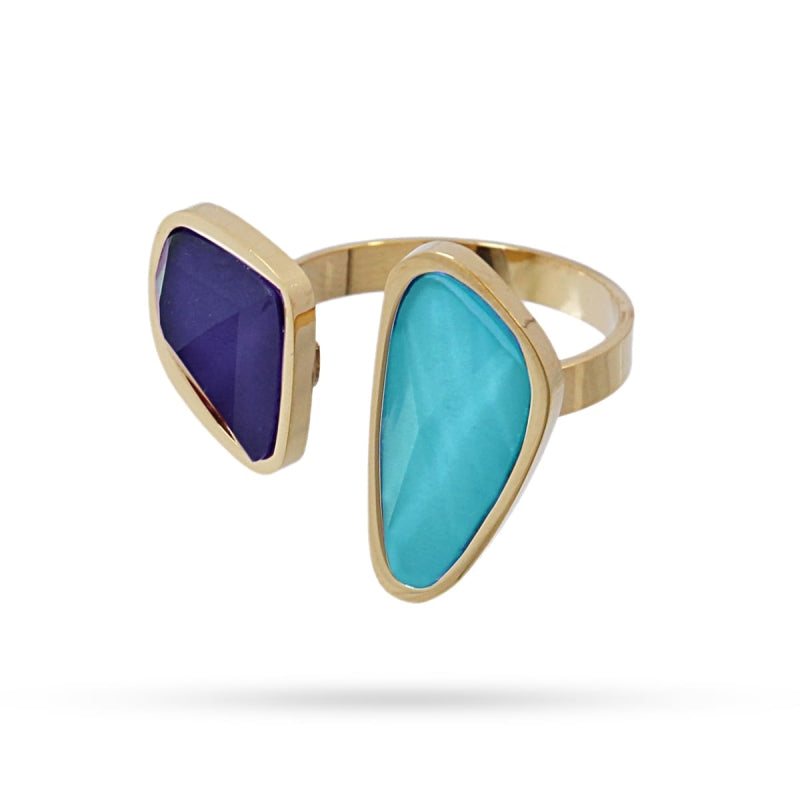 Anillo de acero quirúrgico con piedra turquesa y azul acabado oro - mbyou