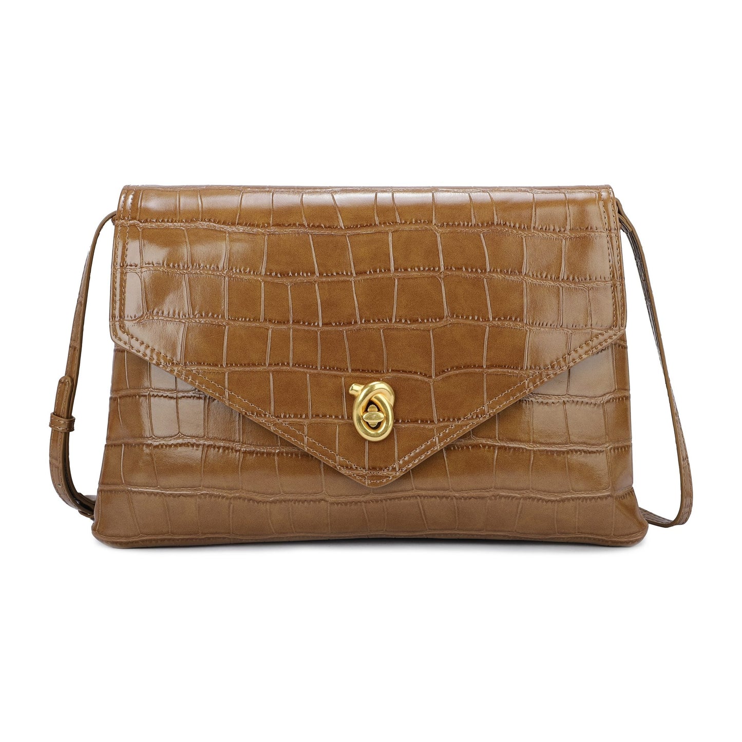 Bolso de mano y bandolera con solapa acabado cocodrilo color marrón mbyou