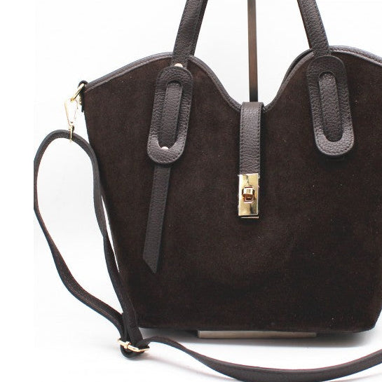 Bolso shopper de piel 100% vacuno acabado ante con neceser interior color marrón chocolate - mbyou