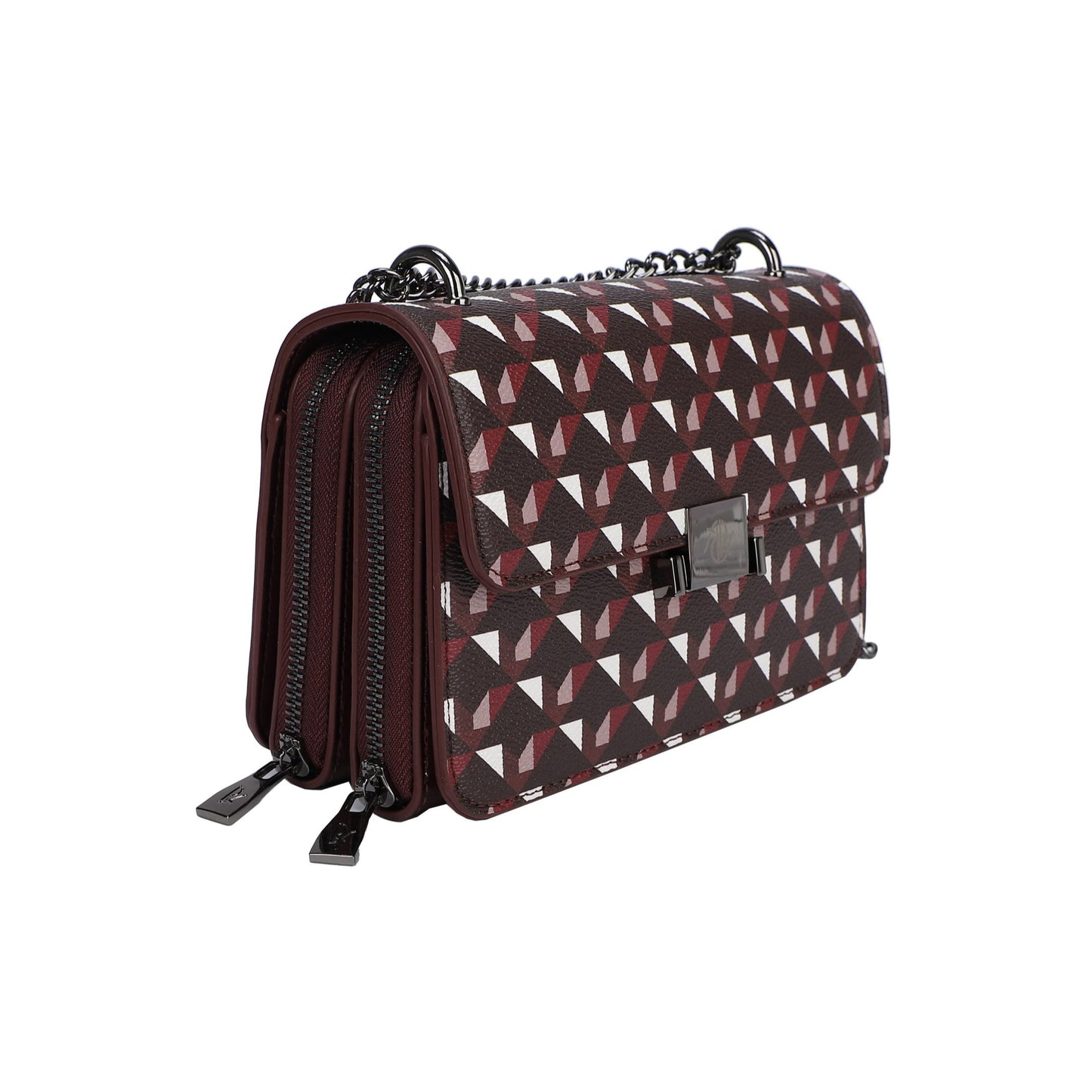Bolso cartera de mano y bandolera con cadena estampado geométrico color chocolate - mbyou