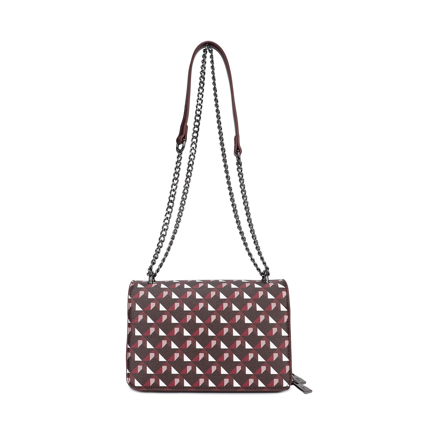 Bolso cartera de mano y bandolera con cadena estampado geométrico color chocolate - mbyou