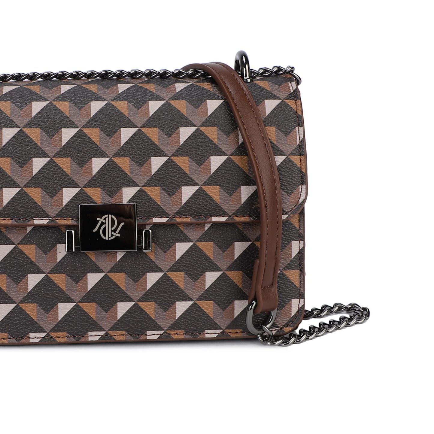Bolso cartera de mano y bandolera con cadena estampado geométrico color chocolate - mbyou