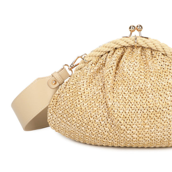 Bolso de mano redondo de rafia tipo vintage beige - mbyou