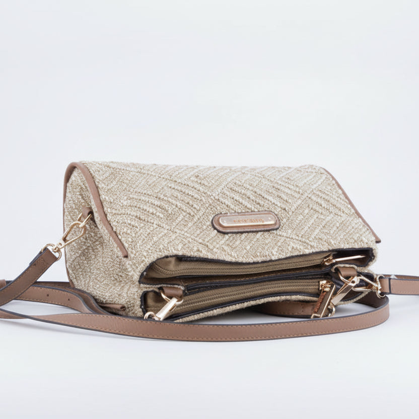 Bolso bandolera de fibra 100% natural mezclado con beige y dorado con doble cremallera - Moments by You