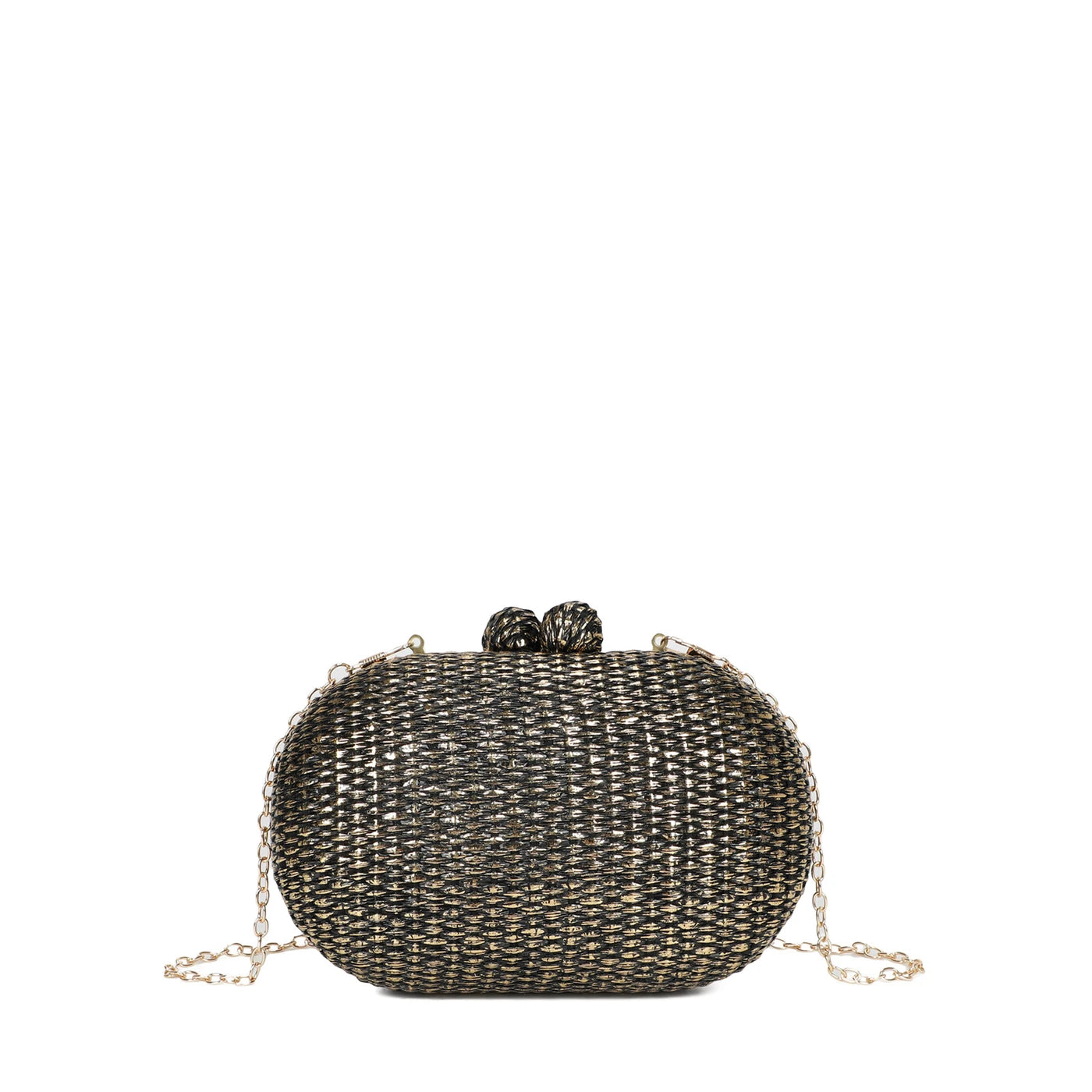 Bolso pochette efecto rafia rígido negro y dorado - mbyou