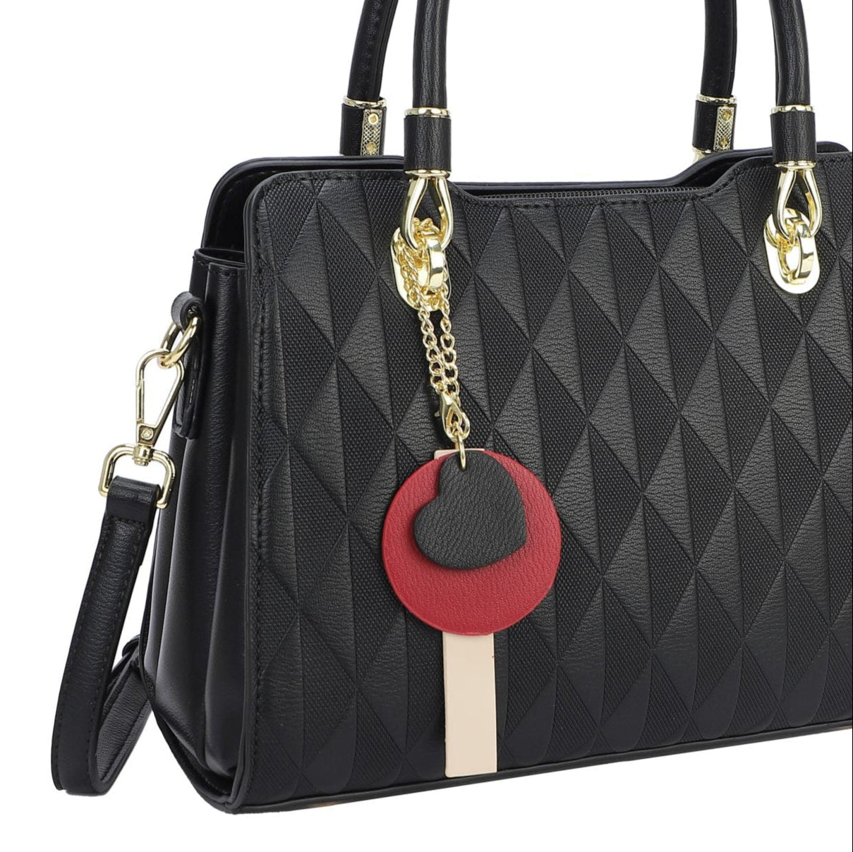 Bolso de mano con estampado geométrico en parte trasera y liso con el logo en dorado color negro - mbyou
