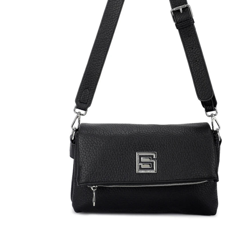 Bolso bandolera con triple apartado y detalles plateados color negro - mbyou