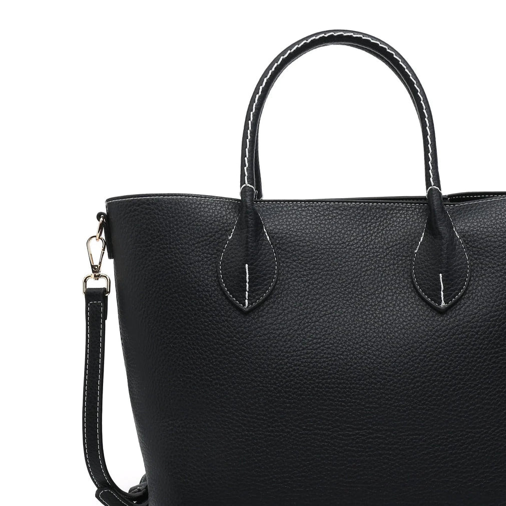 Bolso tipo shopper con asa corta y bandolera con pespuntes blancos color negro - mbyou