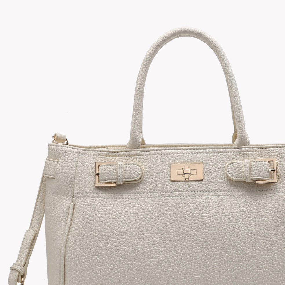 Bolso con asa tipo shopper y detalles dorados color beige