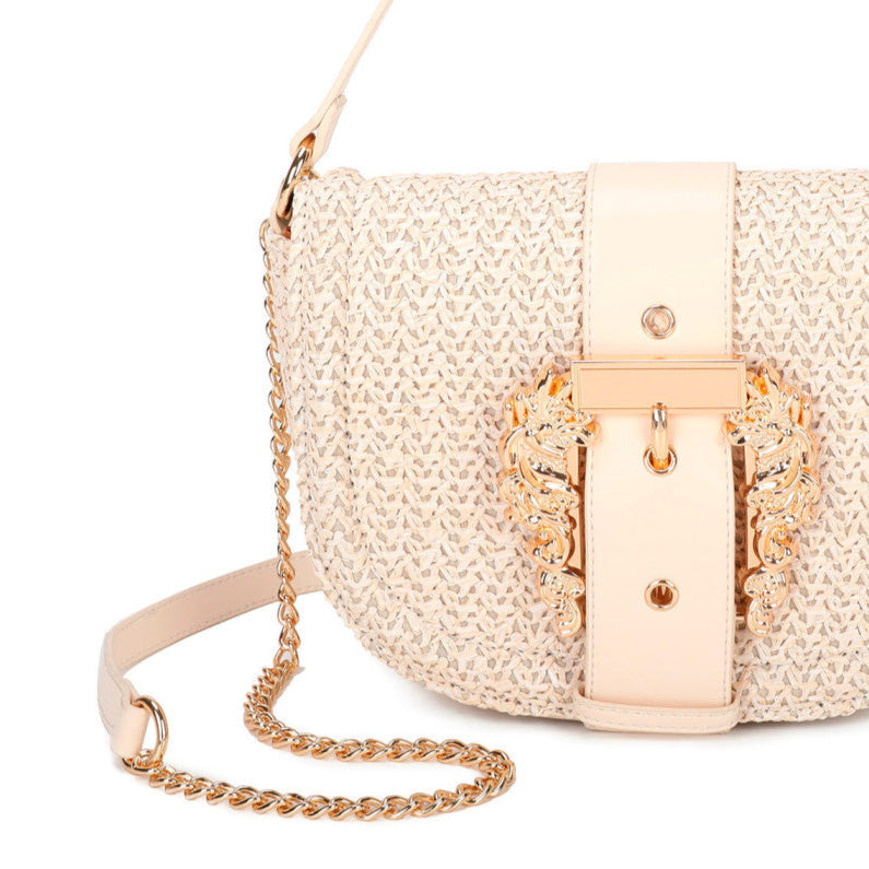 Bolso bandolera de rafia con hebilla grande dorada color beige - mbyou