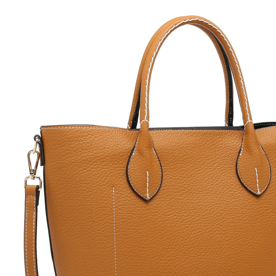 Bolso tipo shopper con asa corta y bandolera con bordes negros color camel - mbyou