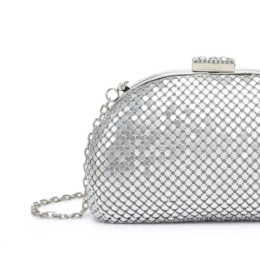 Bolso de fiesta tipo pochette con malla plateada y cierre joya acabado plata - Moments by You