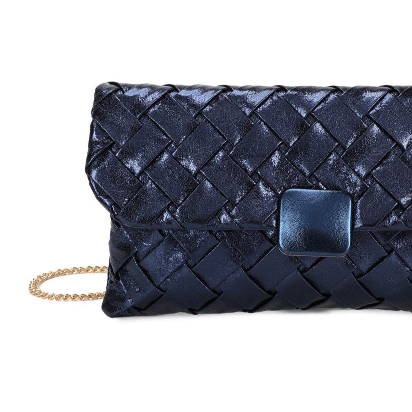 Black satin party clutch handbag with cross straps