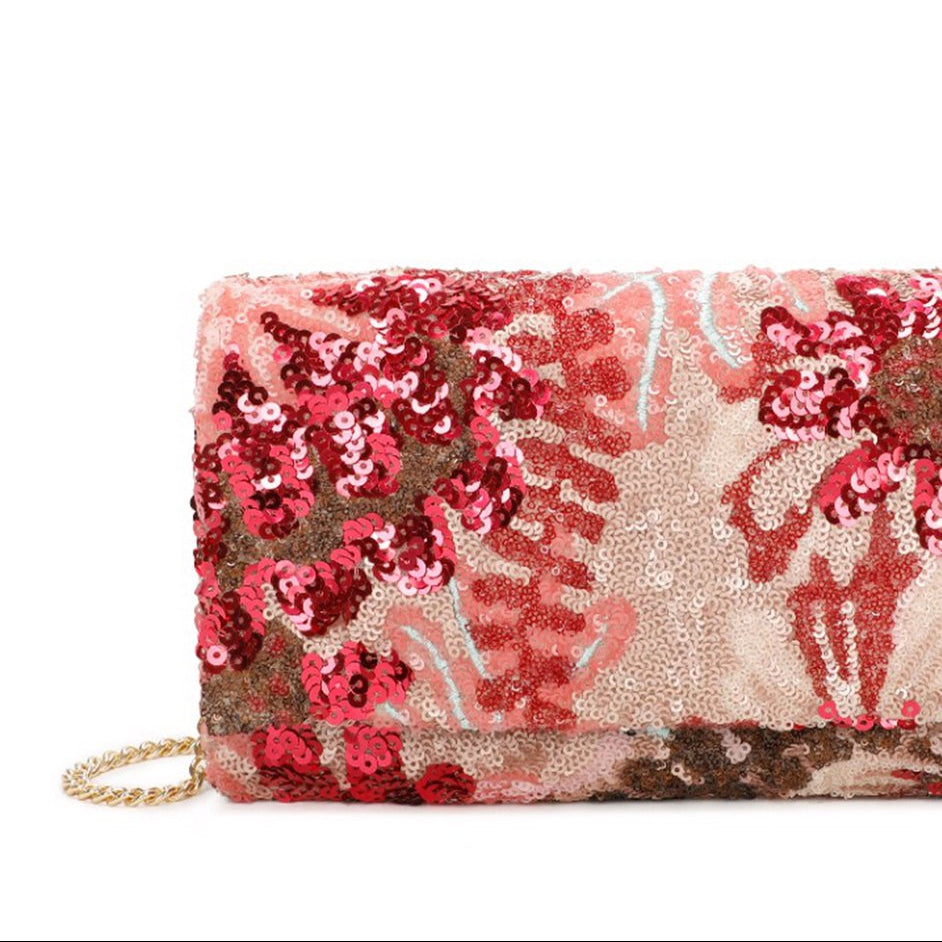 Bolso de mano tipo clutch con lentejuelas estampadas color fucsia - mbyou