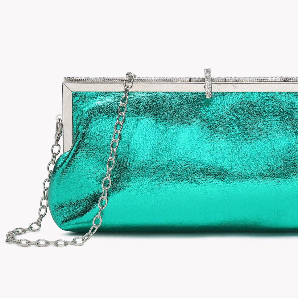 Bolso de mano de fiesta metalizado en color verde eléctrico y plata - mbyou - Moments by You