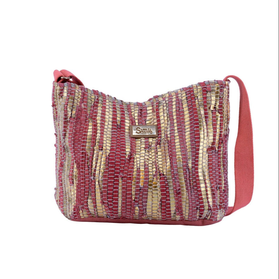 Bolso mediano bandolera piel de vacuno a jarapas en color coral y dorado - mbyou