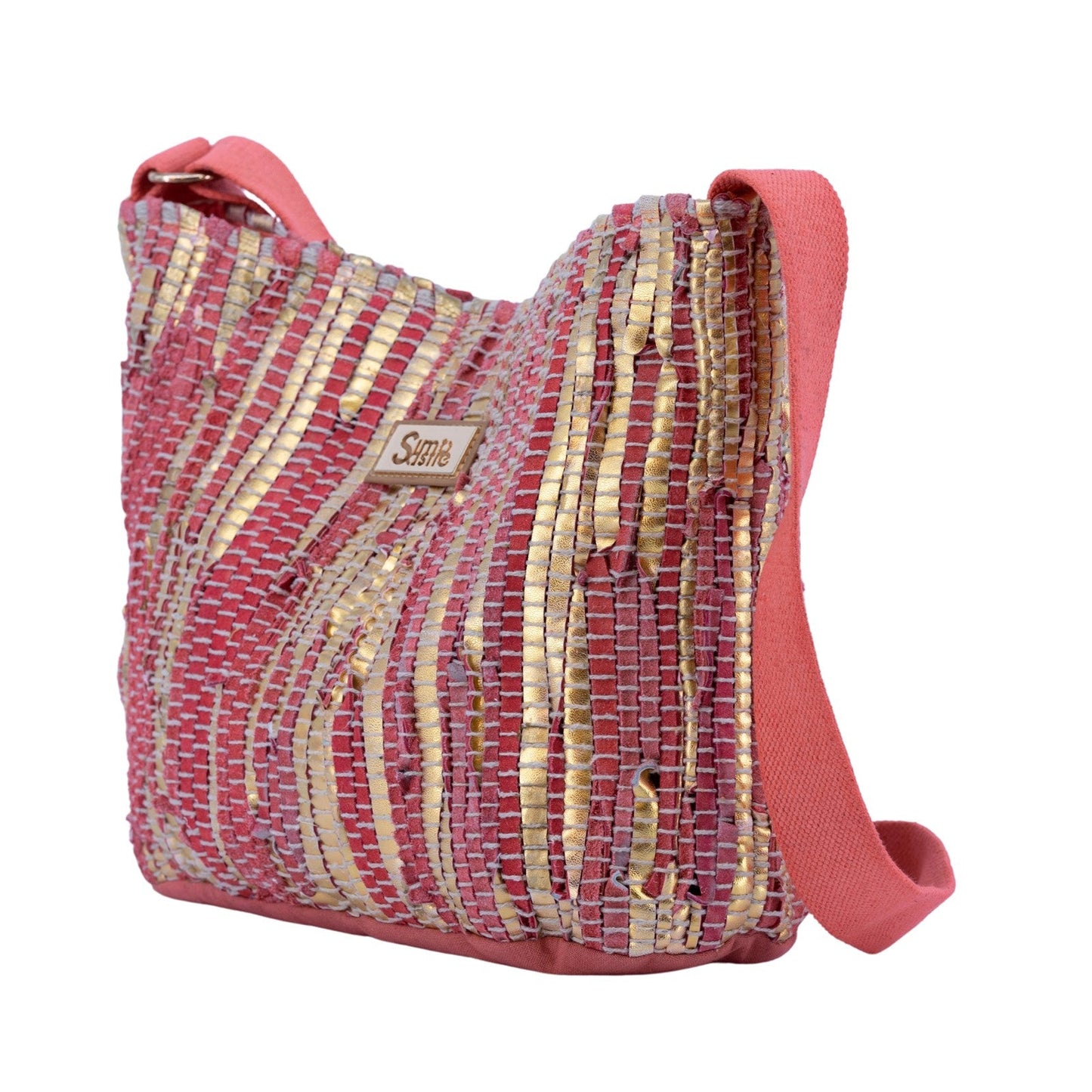 Bolso mediano bandolera piel de vacuno a jarapas en color coral y dorado - mbyou