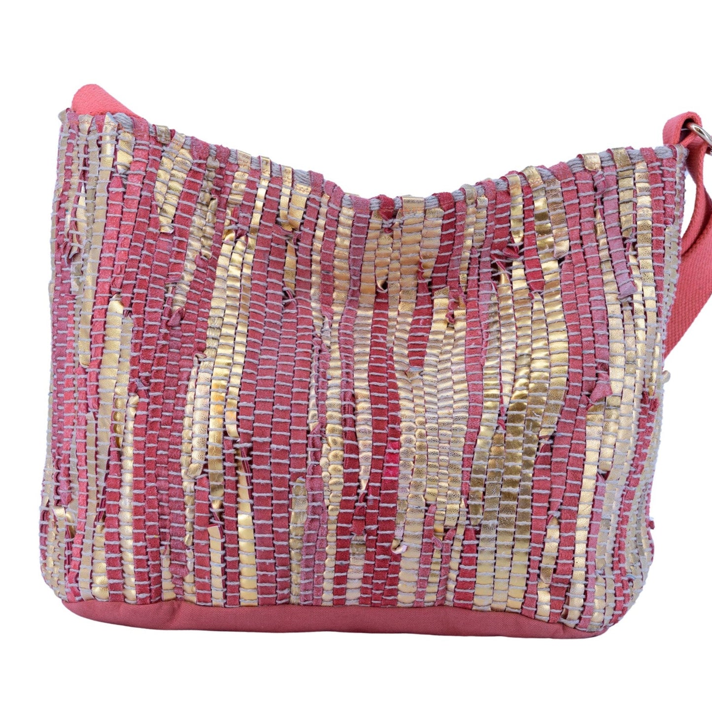 Bolso mediano bandolera piel de vacuno a jarapas en color coral y dorado - mbyou