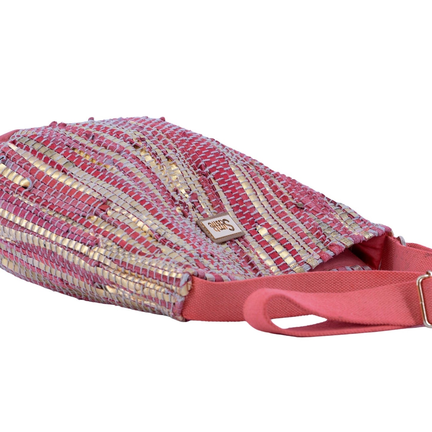 Bolso mediano bandolera piel de vacuno a jarapas en color coral y dorado - mbyou