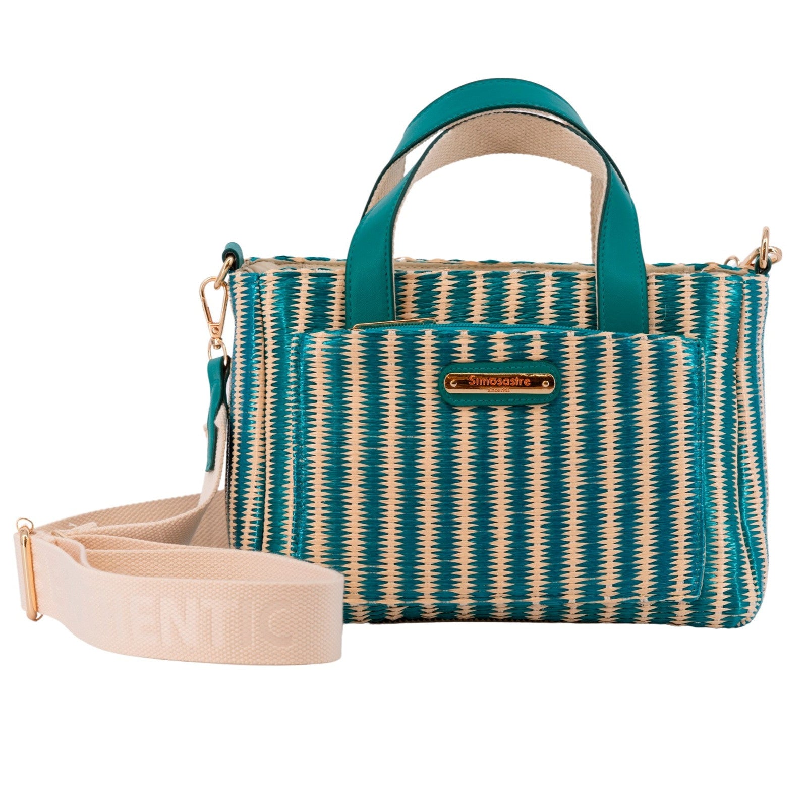 Bolso pequeño de mano y bandolera de rafia en azul y beige mbyou