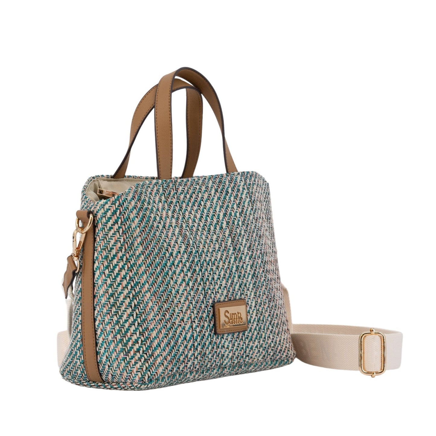 Bolso de mano mediano de rafia en colores entremezclados verde azulado y marrón - mbyou