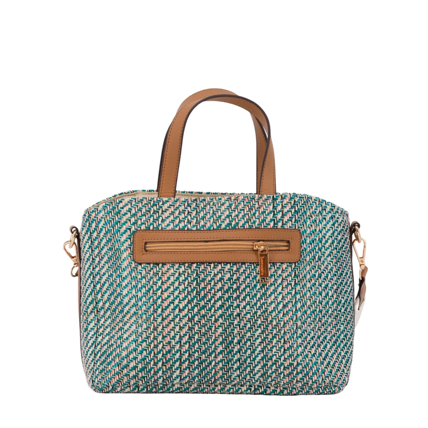 Bolso de mano mediano de rafia en colores entremezclados verde azulado y marrón - mbyou