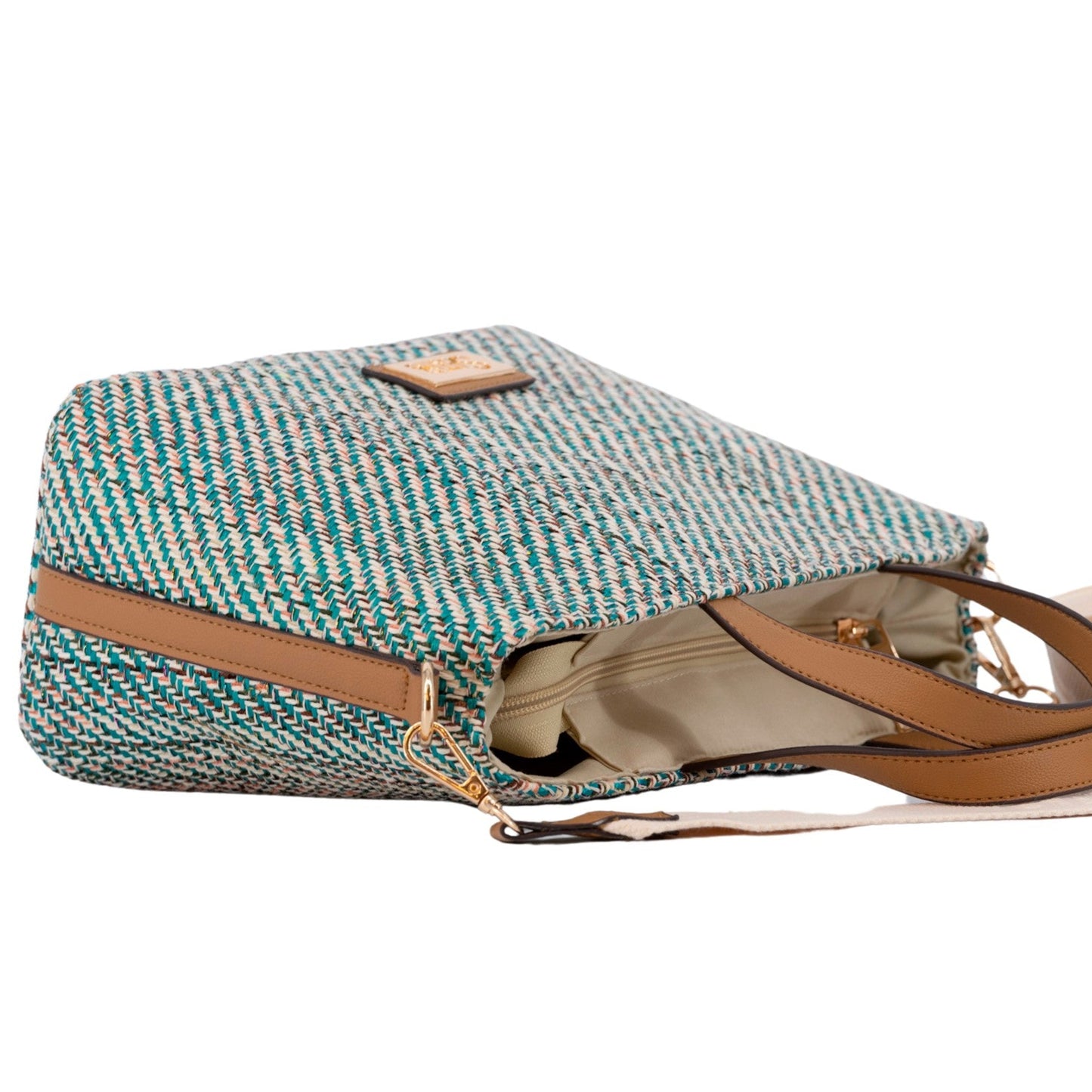 Bolso de mano mediano de rafia en colores entremezclados verde azulado y marrón - mbyou