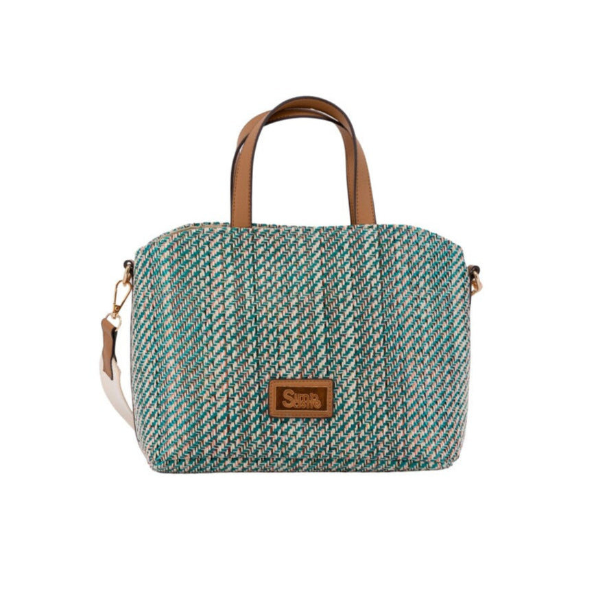 Bolso de mano mediano de rafia en colores entremezclados verde azulado y marrón - mbyou