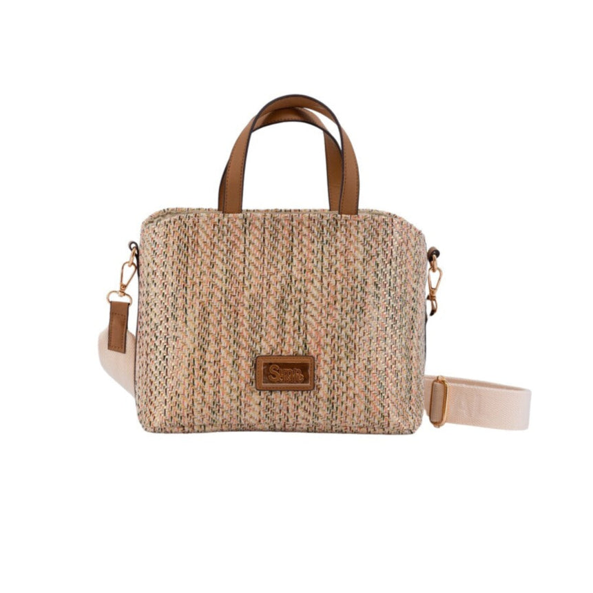 Bolso de mano mediano de rafia en colores entremezclados rosa, azulado y marrón - mbyou