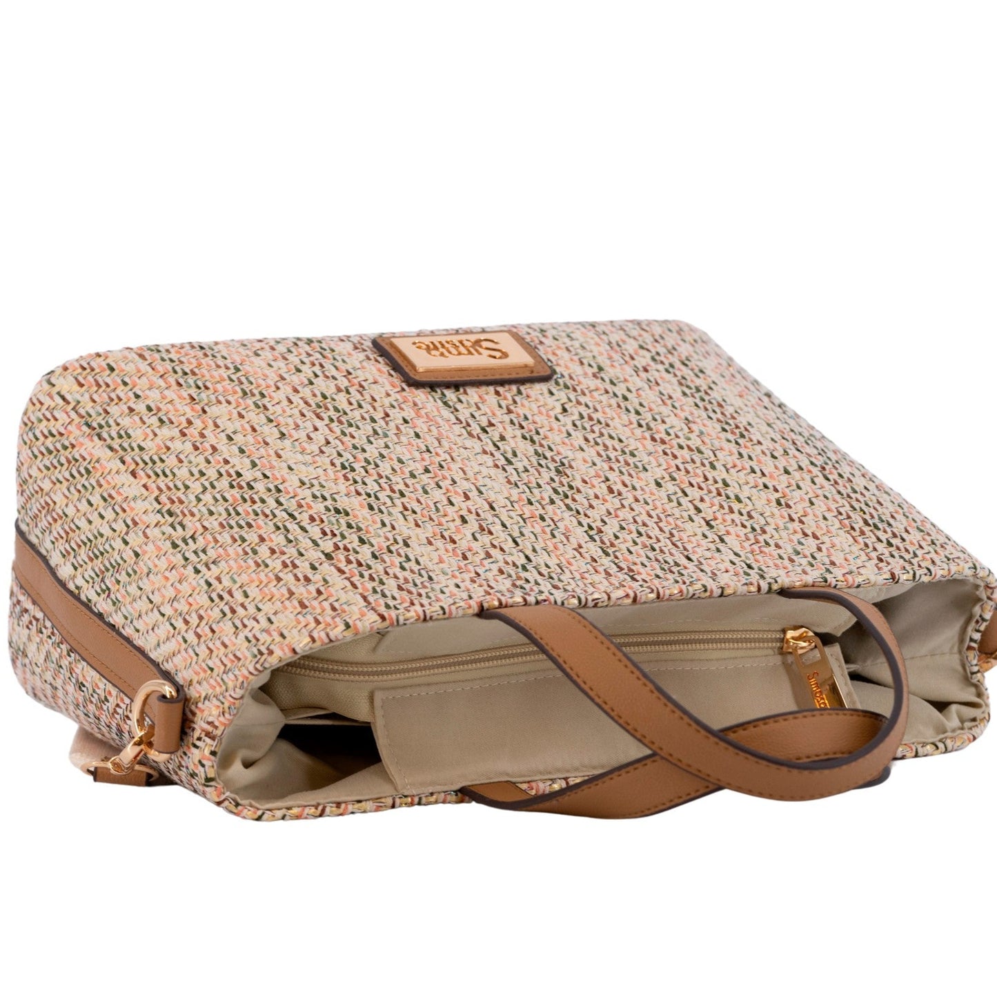 Bolso de mano mediano de rafia en colores entremezclados rosa, azulado y marrón - mbyou