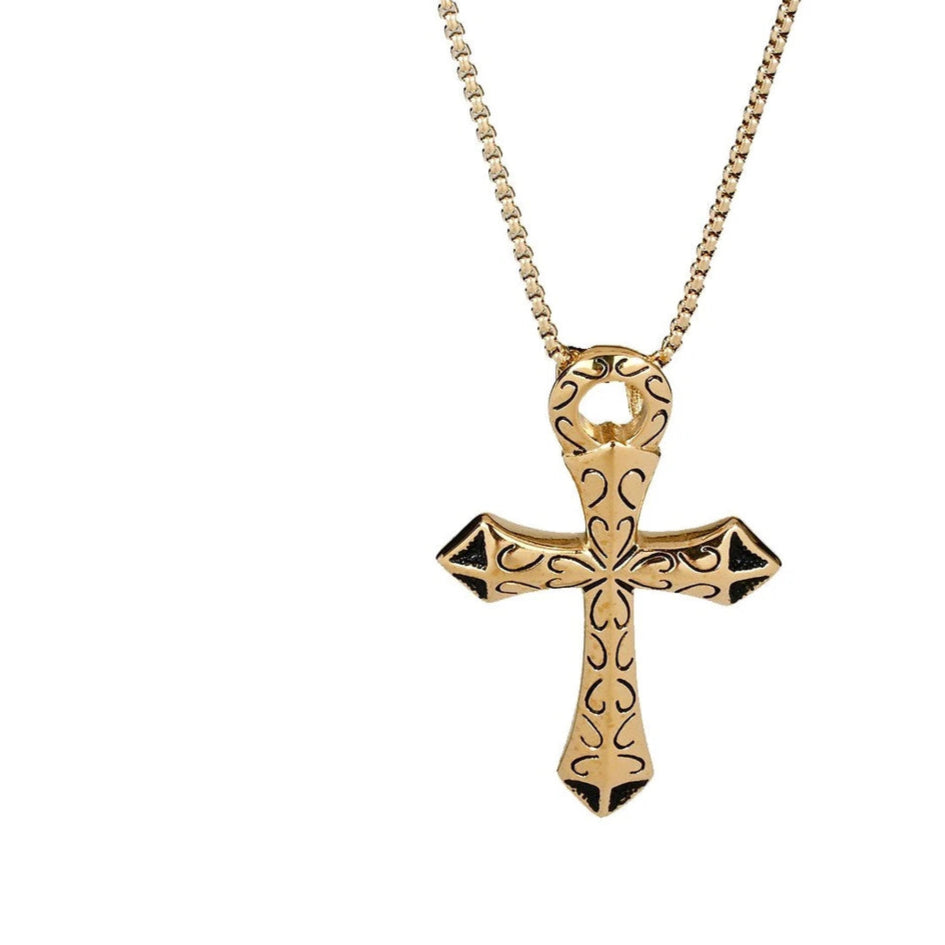 Collar de hombre de acero inoxidable con cruz egipcia grande acabado oro y negro - mbyou