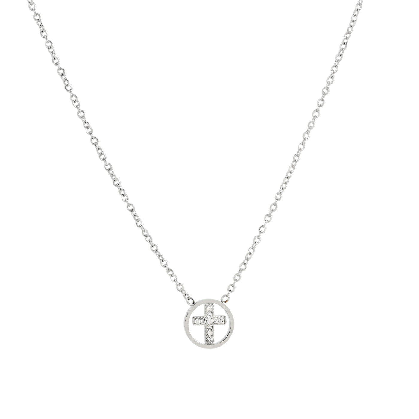 Collar de acero inoxidable con cruz con circonitas rodeada de una circunferencia acabado plata - mbyou