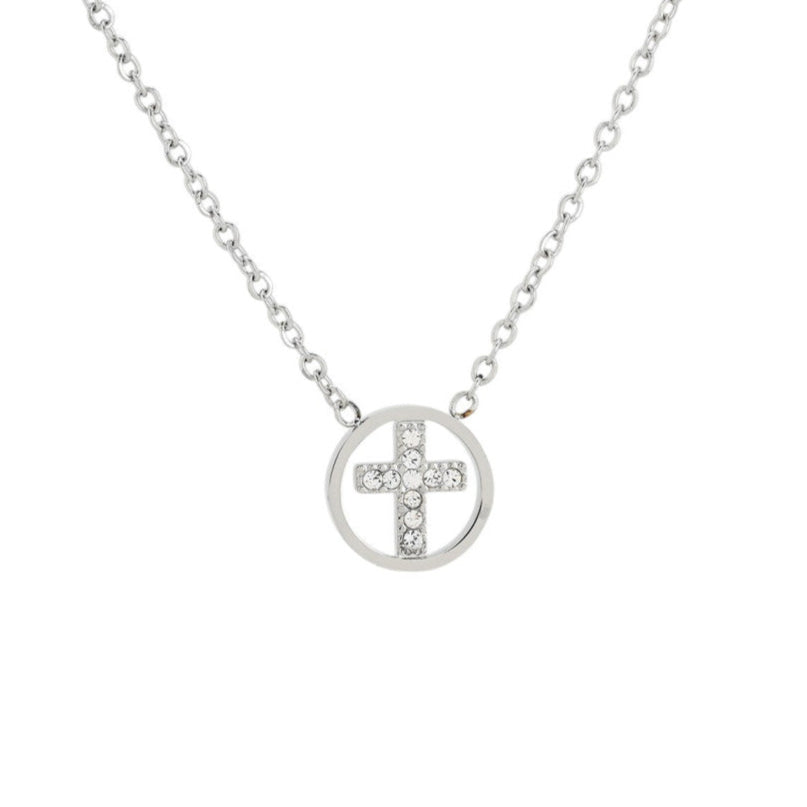 Collar de acero inoxidable con cruz con circonitas rodeada de una circunferencia acabado plata - mbyou