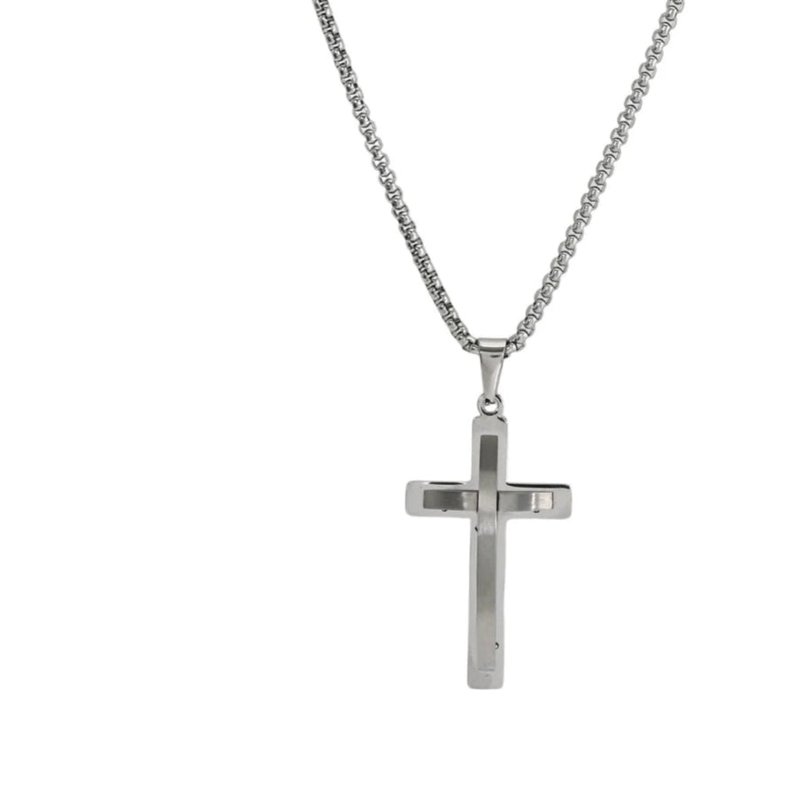 Collar de acero inoxidable con cadena gruesa y cruz con relieve acabado plata - mbyou