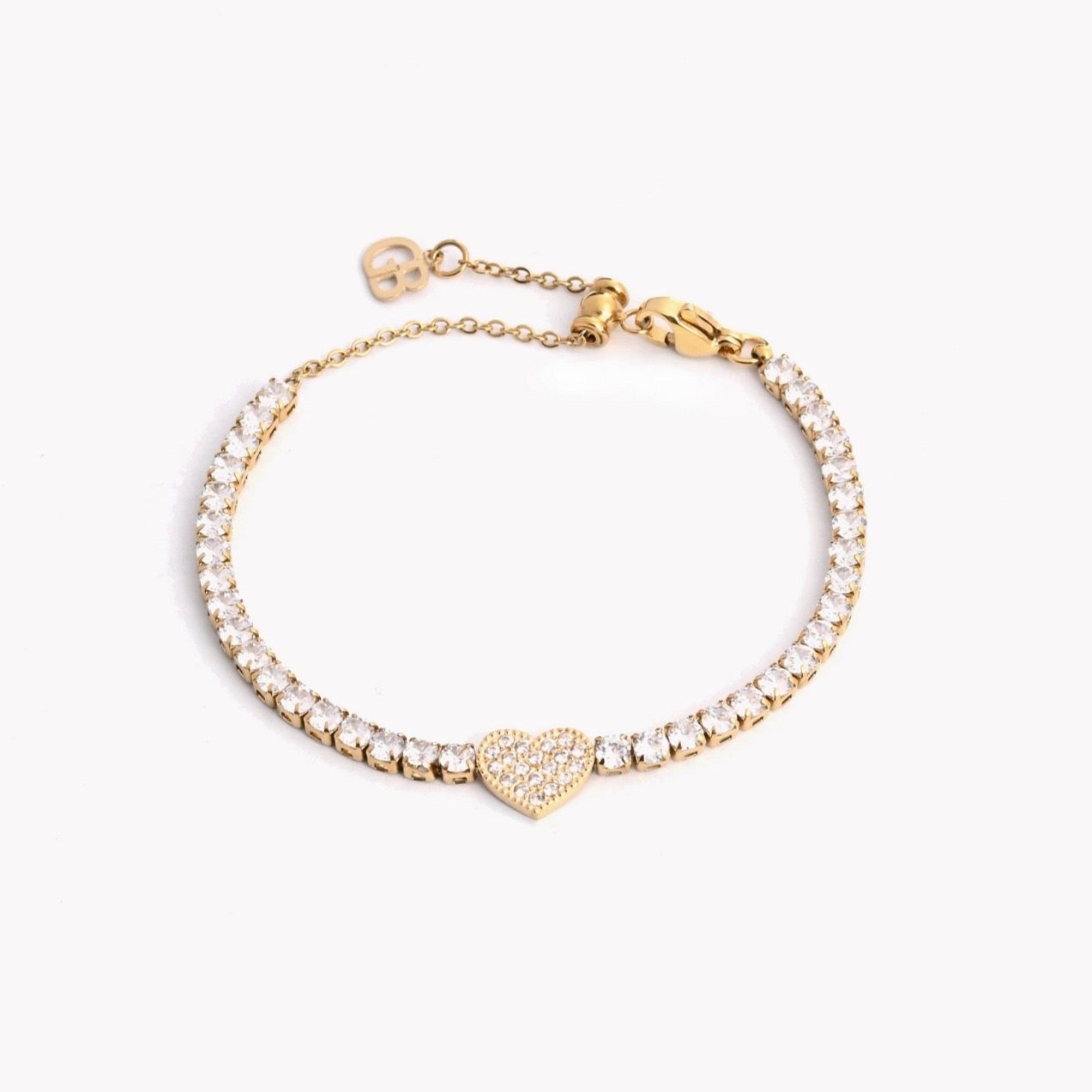 Pulsera de acero riviera con corazón brillante acabado oro
