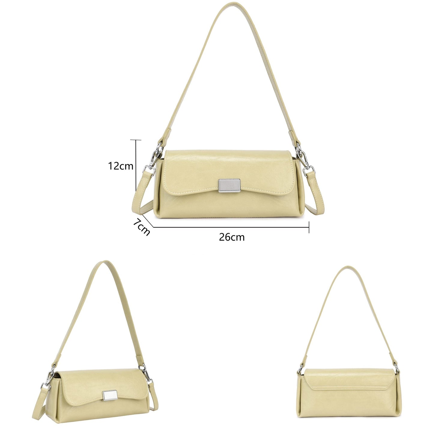 Bolso de hombro y bandolera de color perla con solapa y alargado con herrajes plata- mbyou