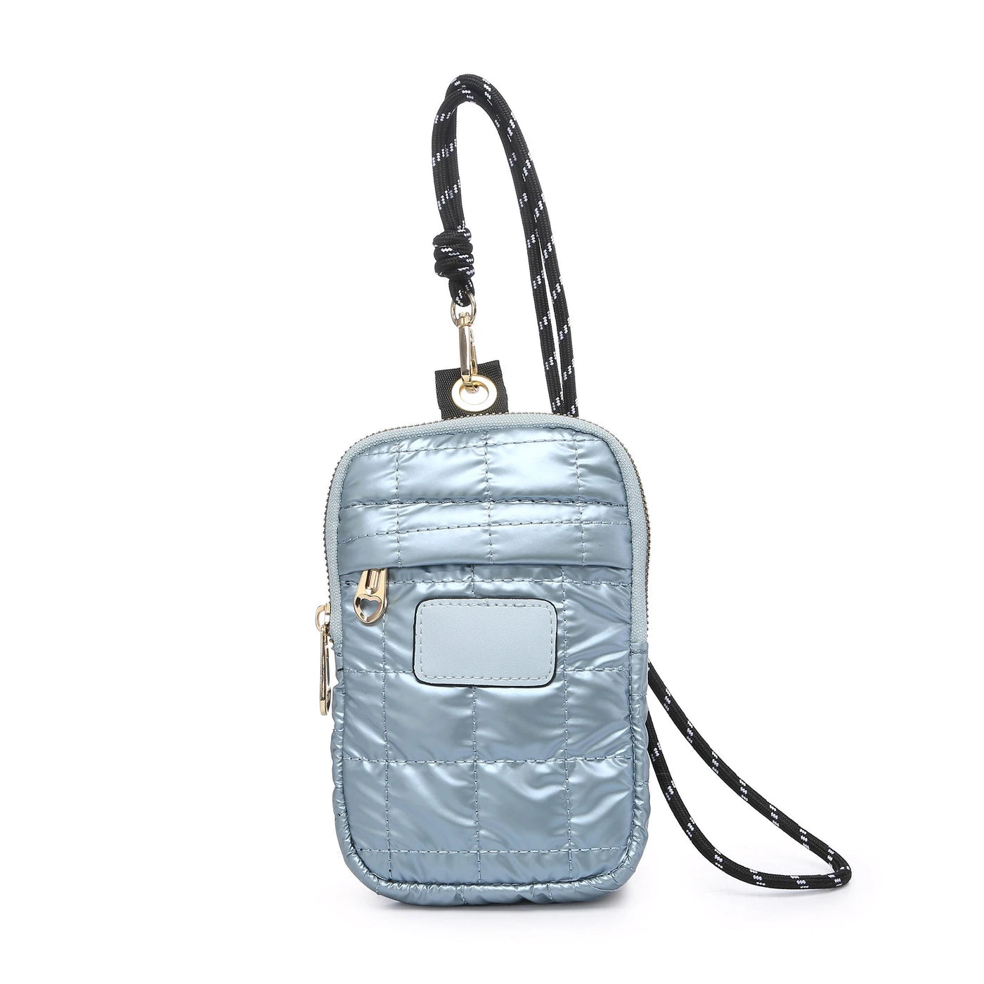 Bolso para teléfono acolchado de color azul cielo metalizado y cordón negro - mbyou