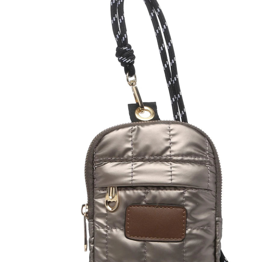 Bolso para teléfono acolchado de color bronce metalizado y cordón negro - mbyou
