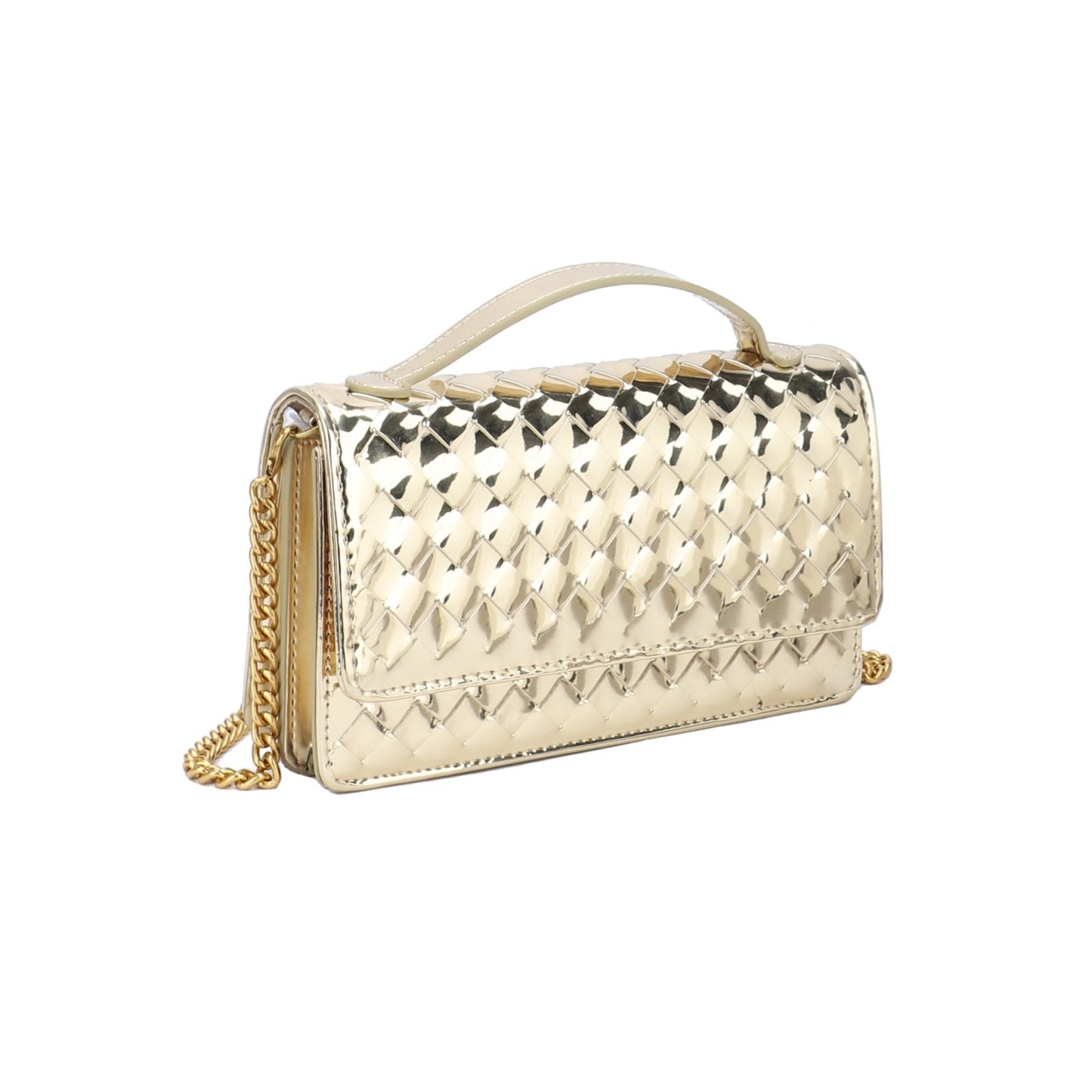 Bolso de mano tipo charol trenzado dorado pequeño