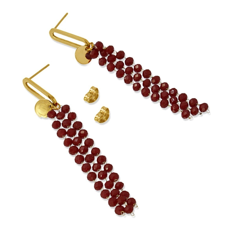 Pendientes de acero quirúrgico largos con cristales colgantes en color rojo acabado oro - Moments by You