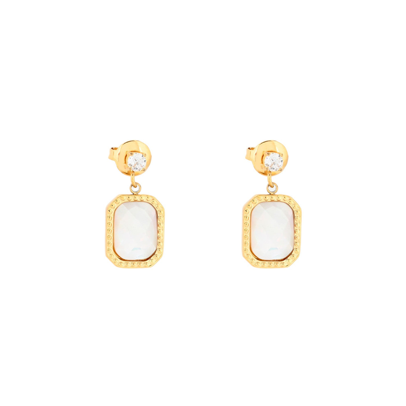 Pendientes de acero inoxidable con circonita pequeña y piedra natural nacarada blanca acabado oro - mbyou