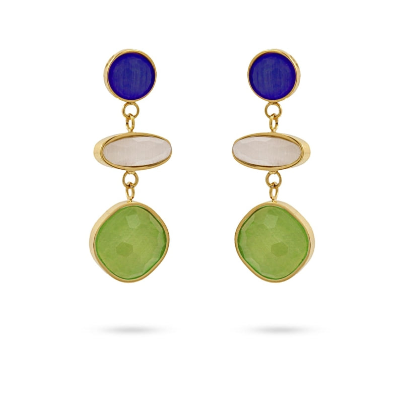 Pendientes de acero quirúrgico con piedras de cristal en tono verde, azul y blanco acabado oro - mbyou