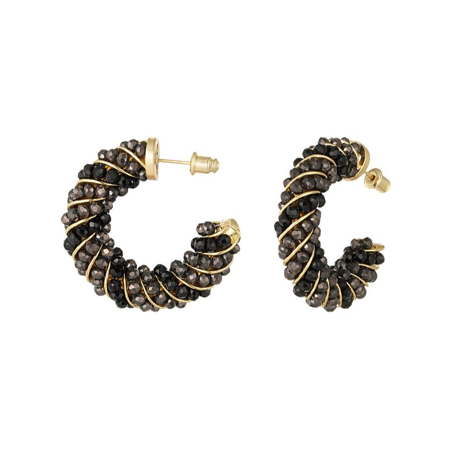 Pendientes forma de aro con brillitos negros y dorados acabado oro - mbyou
