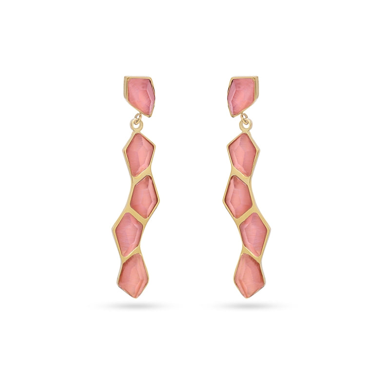 Pendientes largos de acero quirúrgico en forma de serpiente con piedras de cristal en color rosa acabado oro - mbyou