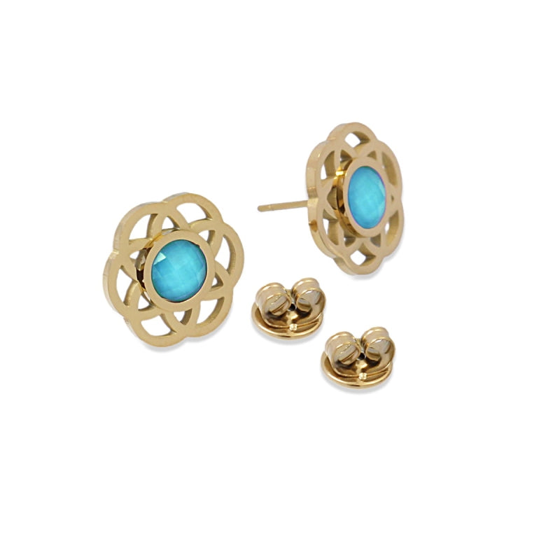 Pendientes cortos de acero inoxidable quirúrgico forma floral con piedra turquesa acabado oro - mbyou