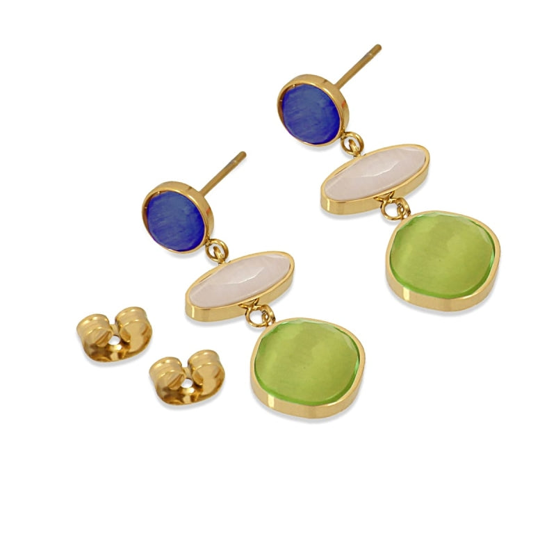 Pendientes de acero quirúrgico con piedras de cristal en tono verde, azul y blanco acabado oro - mbyou