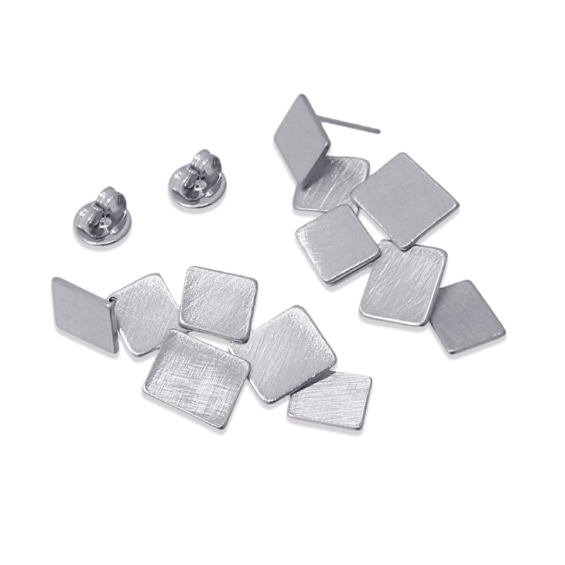 Pendientes largos de acero pulido mate con diseño de cuadrados acabado plata - mbyou