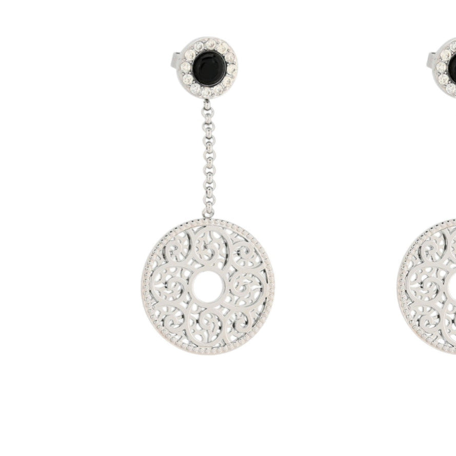 Pendientes acero largos redondos con diseño de filigrana, circonitas y piedra de cristal acabado plata - mbyou