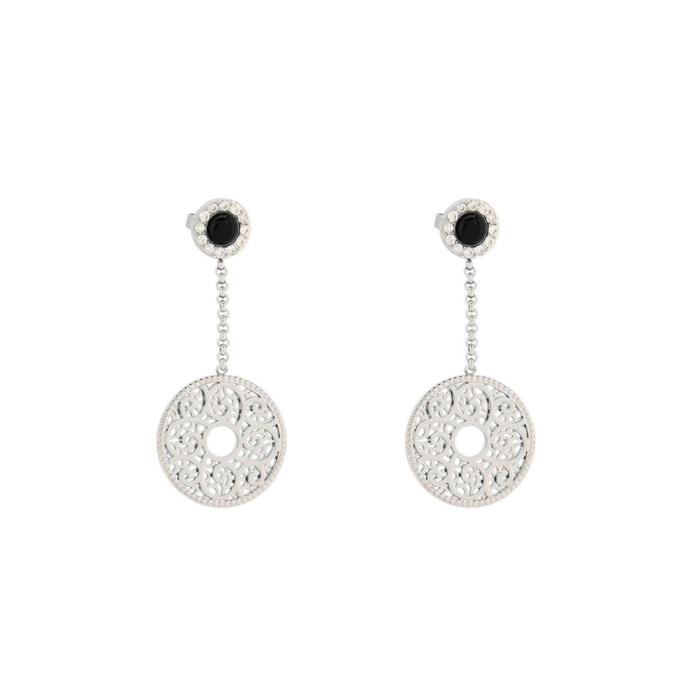 Pendientes acero largos redondos con diseño de filigrana, circonitas y piedra de cristal acabado plata - mbyou